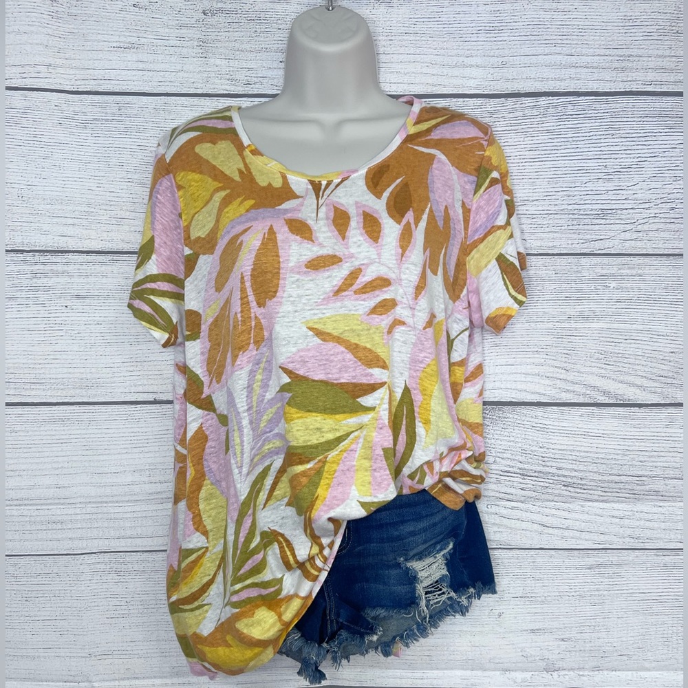 C&C California Linen Abstract Floral Button Back Short Sleeve Top 1XL 💗